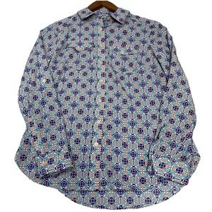 Talbots Button Up Roll Tab Shirt Women's PS Blue Geometric Long Sleeve Petite